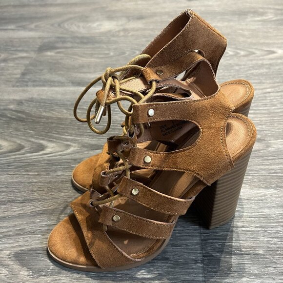 Charlotte Russe Diem Gladiator Caged Heels Sandals Size 6 Camel Faux Suede Strap - Picture 8 of 8